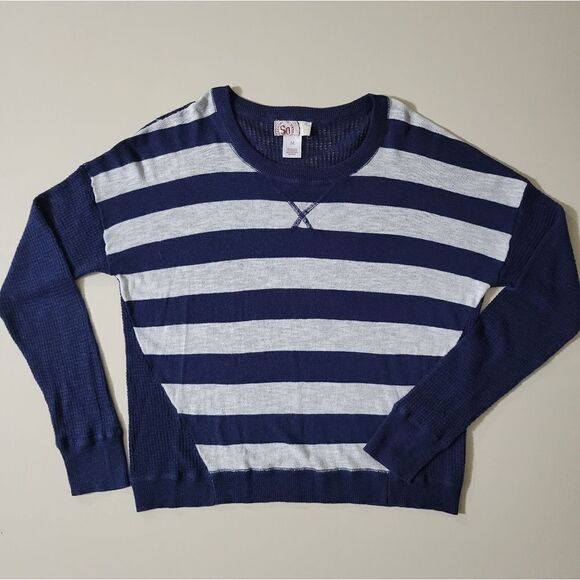 SO® Junior's Navy Stripe Crewneck Lightweight Waffle-knit Sweater - Picture 2 of 13